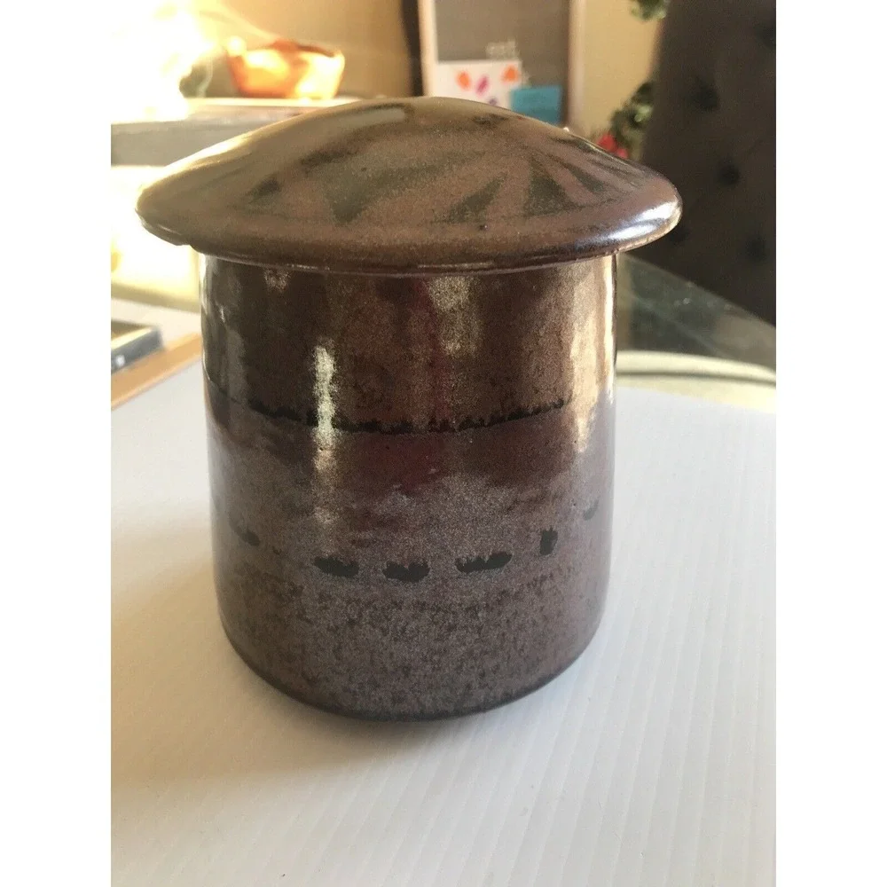 Mushroom Stoneware canister with‎ lid ~ signed